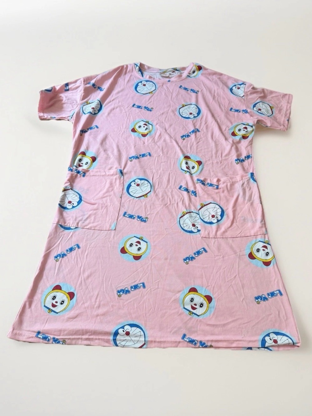 Pink Doraemon Print Short-Sleeve Pajama Dress Smooth Thin Nightgown
